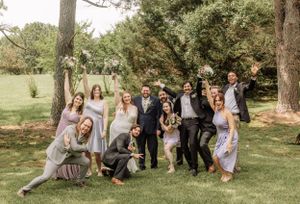 Wedding party poses playfully on grassy lawn under tall pine trees.