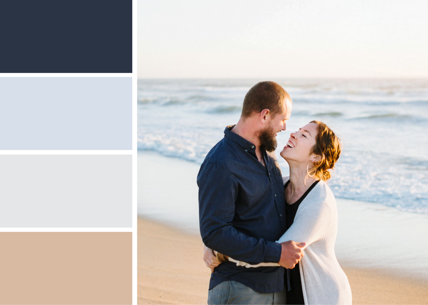 Intimate beach moment between couple during golden hour with soft waves in the background.