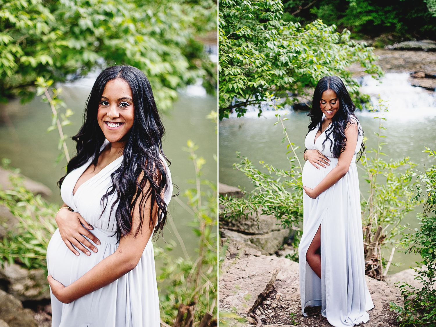 pregnant woman posed for maternity photos near water and lush green nature
