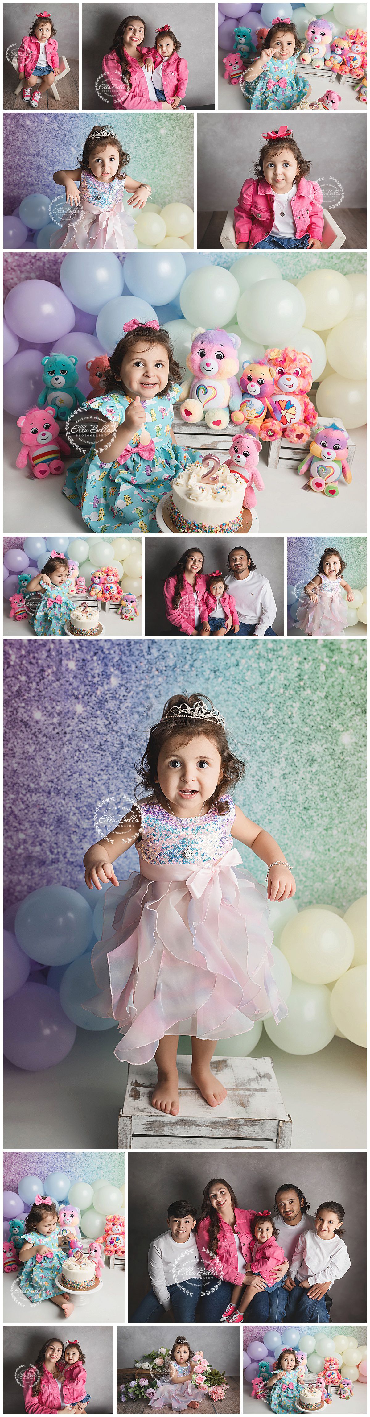 Sweet birthday celebration photoshoot with soft pastel balloons, stuffed animals and a pretty cake against sparkly backgrounds.