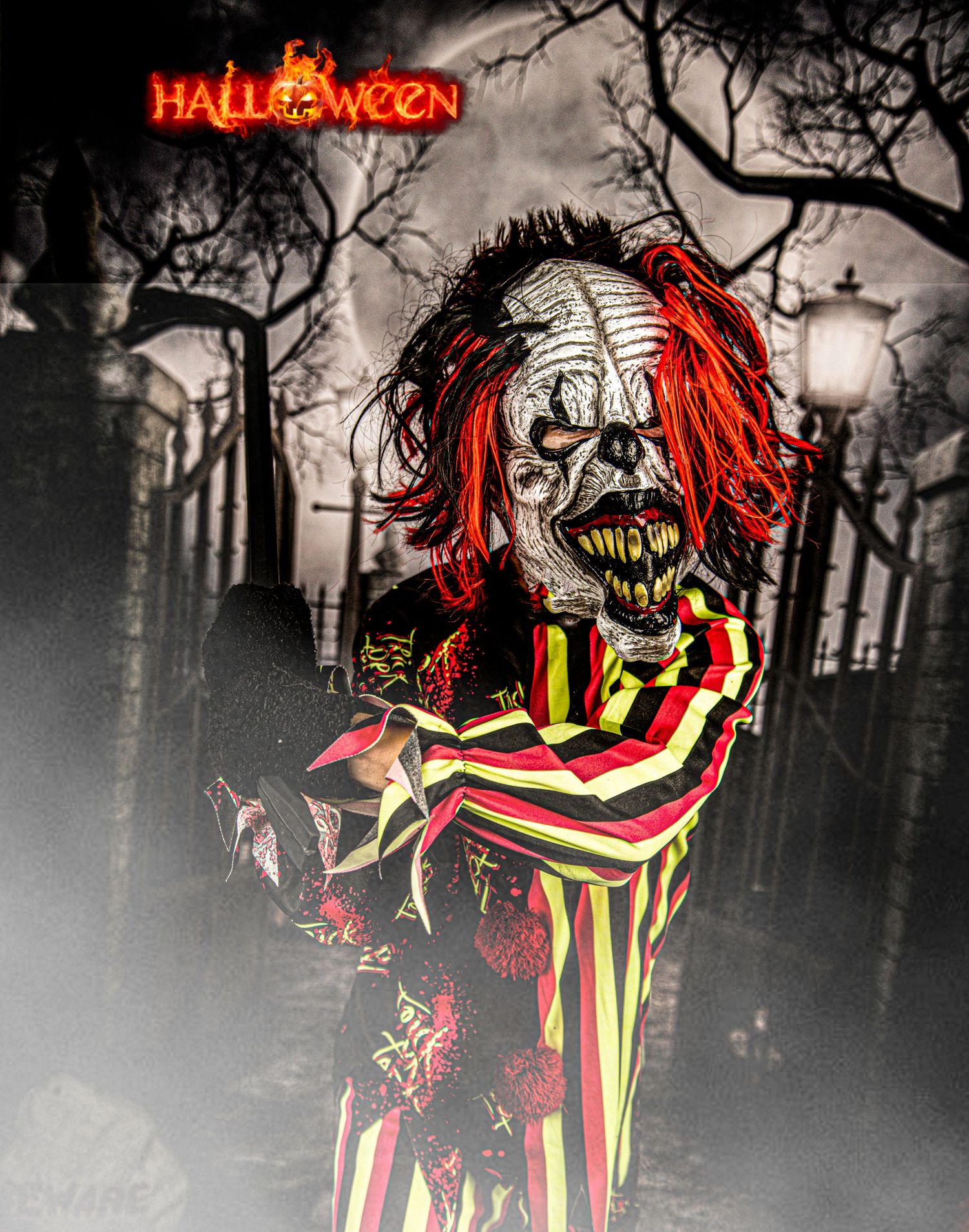 Creepy clown figure in striped costume against dark Halloween cemetery background.