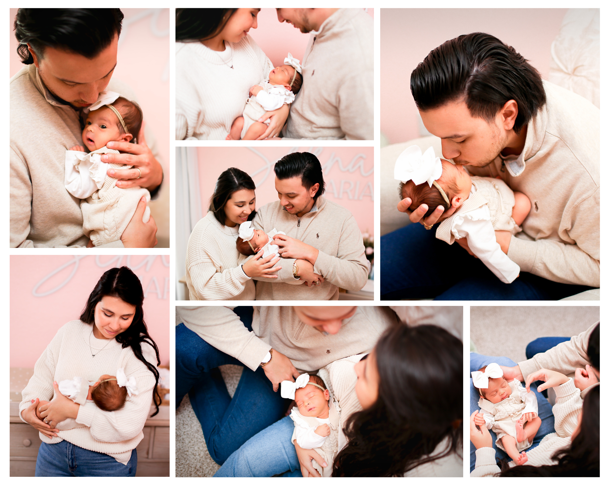 Loving parents hold and gaze adoringly at their newborn baby in a collection of tender family portrait photographs.