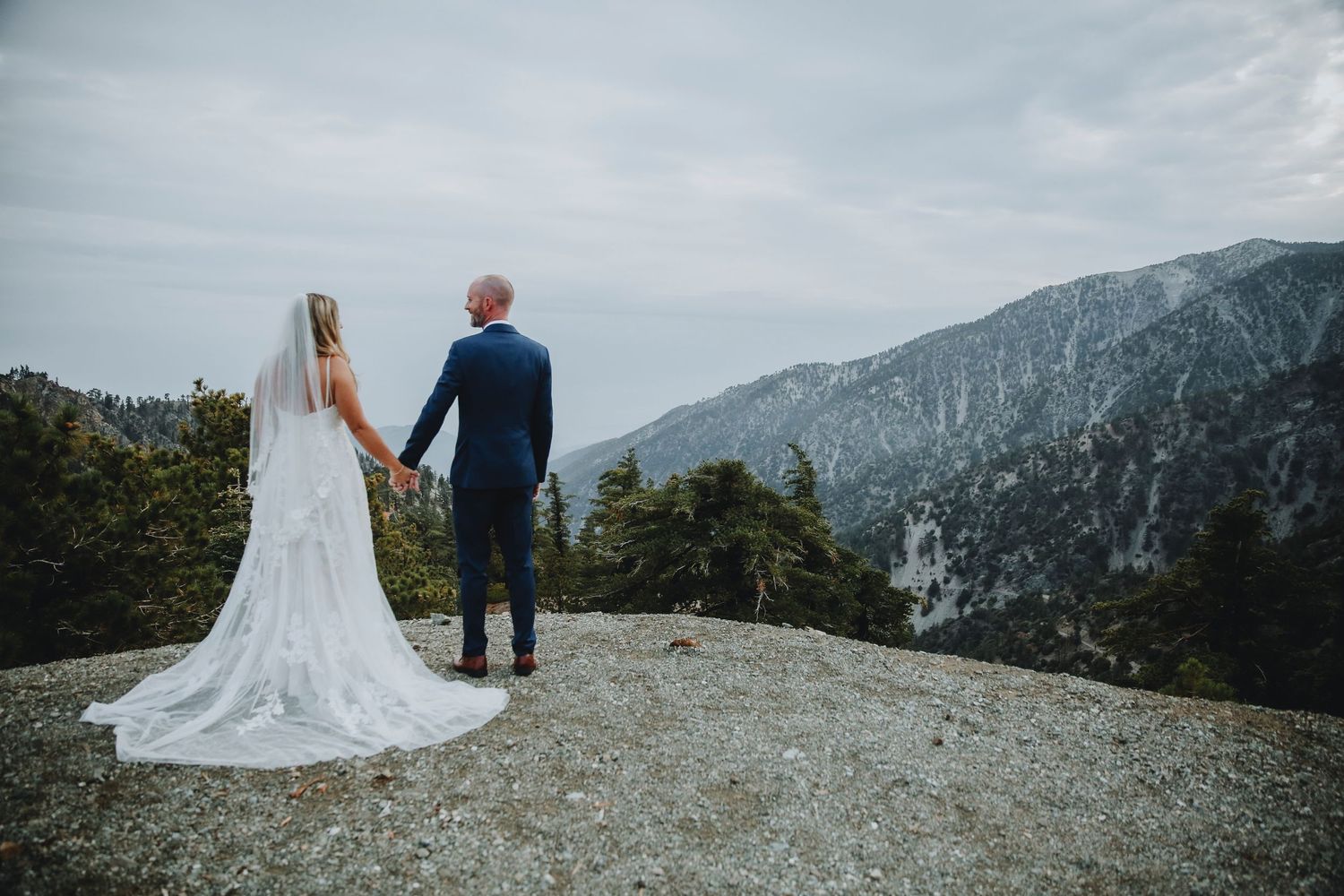 A bride and groom stand together on a mountain overlook with dramatic peaks and evergreen forest in the background.