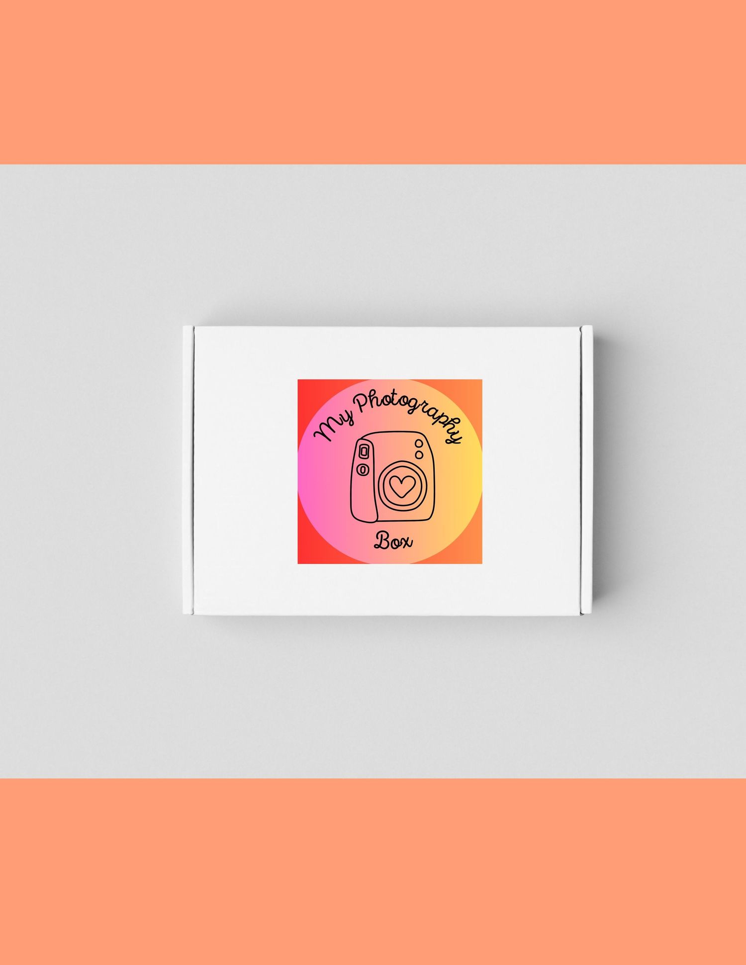 A white box with pink gradient photography logo design on coral background.