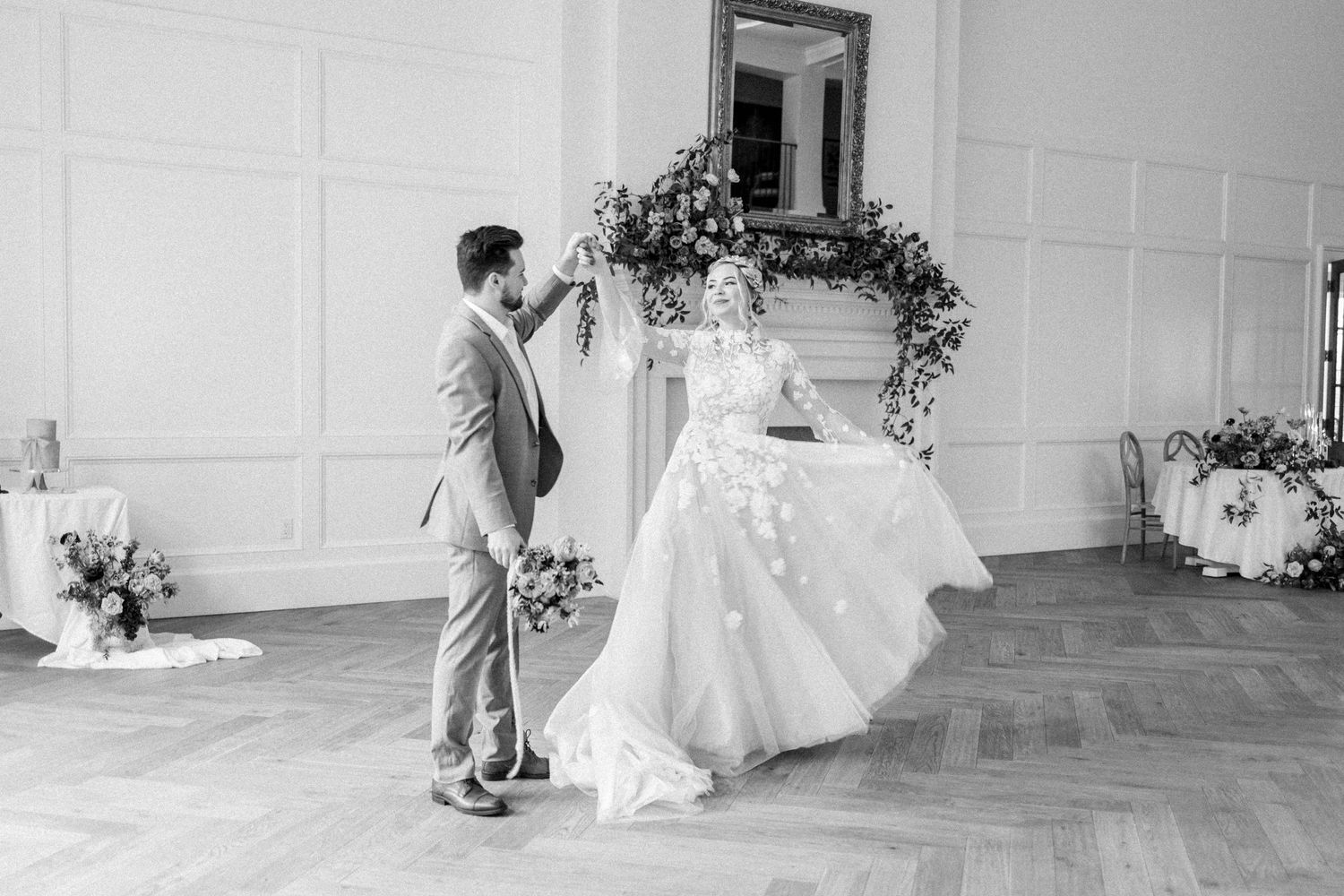 Light and airy wedding photo in black and white