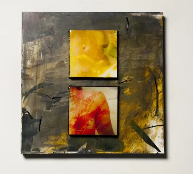 Mixed media artwork with yellow and red squares on dark textured background featuring abstract brushstrokes.