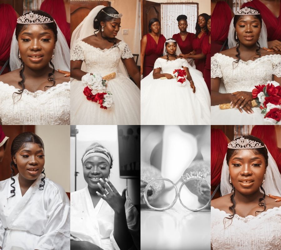 Wedding photography collection featuring bridal portraits with white dress and red floral bouquet.