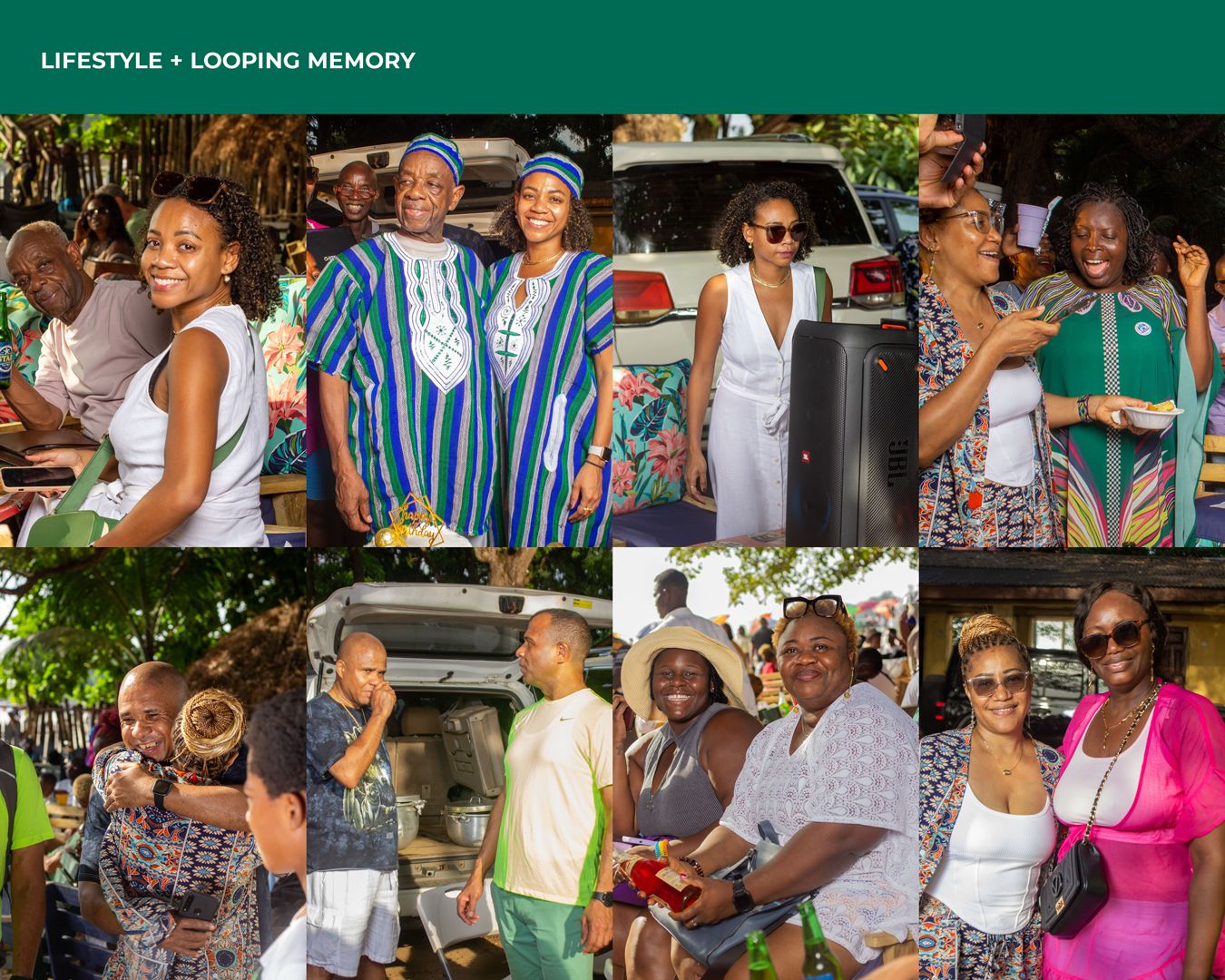 Group of friends enjoying an outdoor social gathering wearing colorful summer attire.