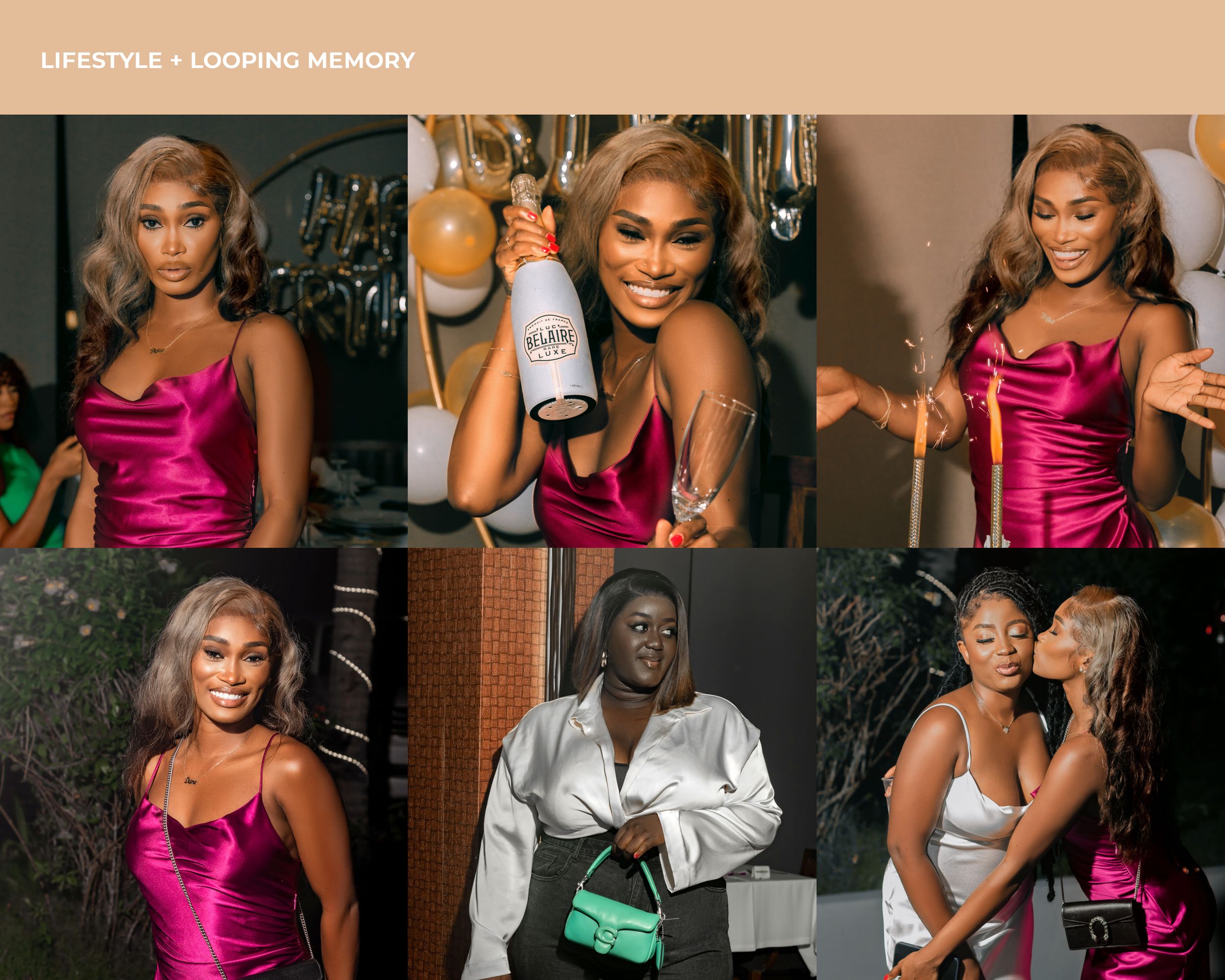 Lifestyle photoshoot collage showing fashion poses in elegant dresses with warm lighting effects.