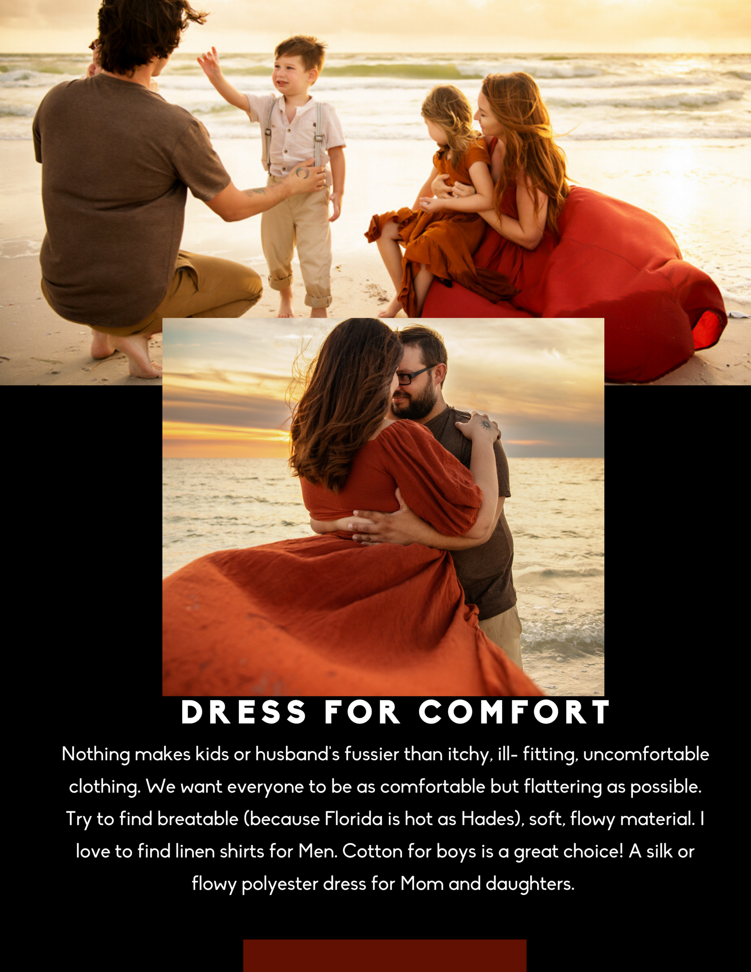 Family beach photo session with warm earth tones, showcasing comfortable breathable clothing for Florida outdoor photography.
