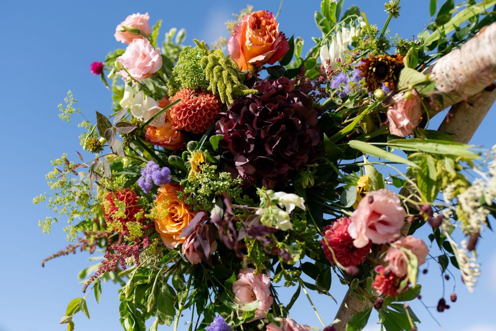 Vibrant floral arrangement with roses and mixed flowers against blue sky.