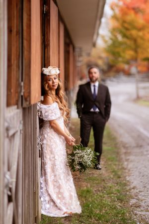Romantic autumn wedding scene with elegant decor and fall foliage in the Hudson Valley,NY.