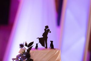 Silhouette cake topper featuring a couple with dogs against purple lighting.