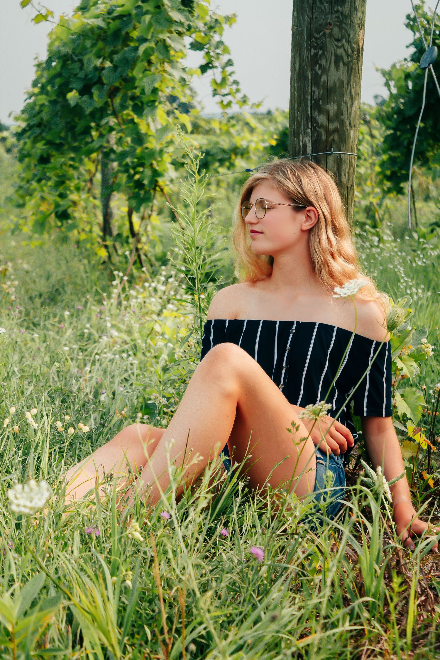 Summer portrait in striped off-shoulder dress sitting in wildflower meadow.
