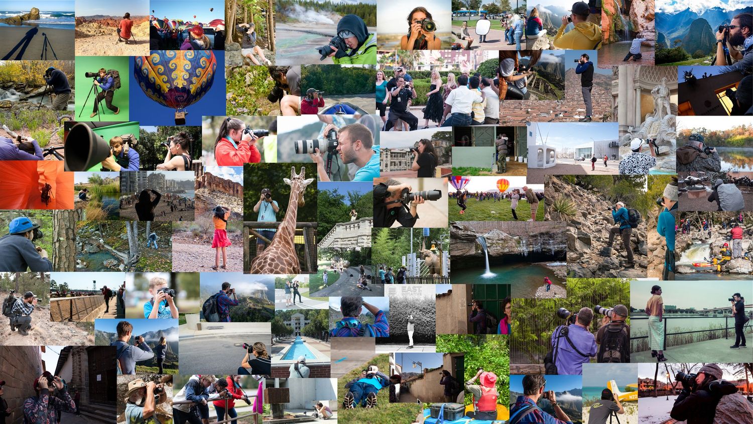 Massive collage of people taking photos. People of all shapes and sizes with camera taking photos along their journeys.