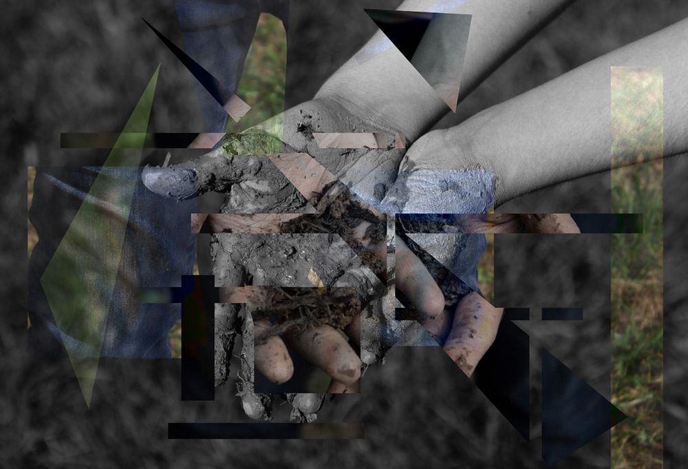 Abstract artistic collage with overlapping geometric shapes and distorted textures in muted tones.