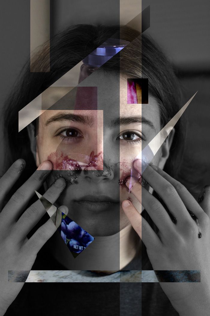 Surreal portrait with geometric fragments and butterfly elements creating a fragmented artistic effect.