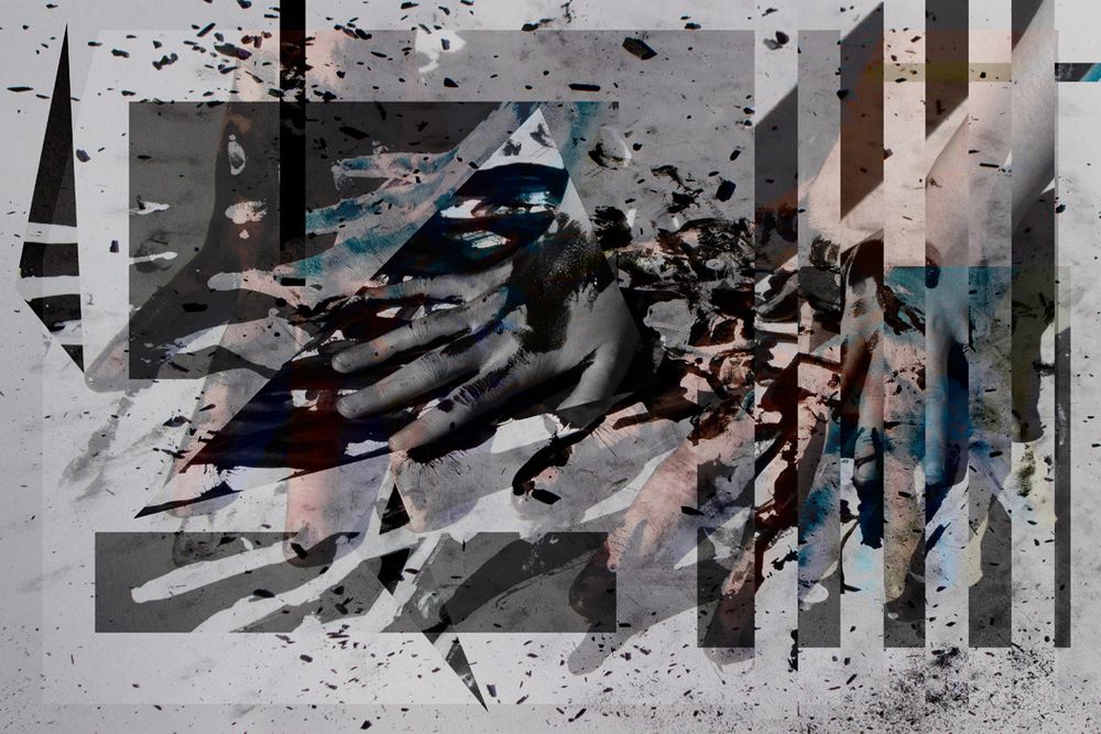 Abstract explosion scene with shattered fragments and geometric patterns in grayscale.
