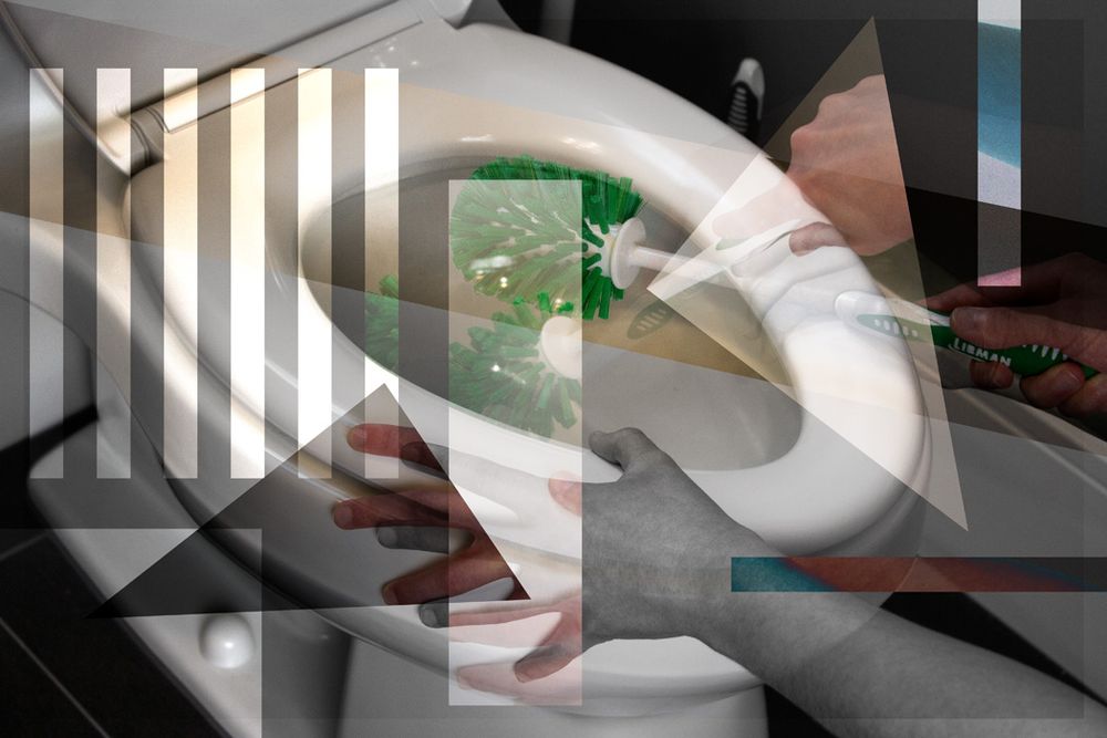 Artistic composition of hands with overlapping geometric shapes and green accents.