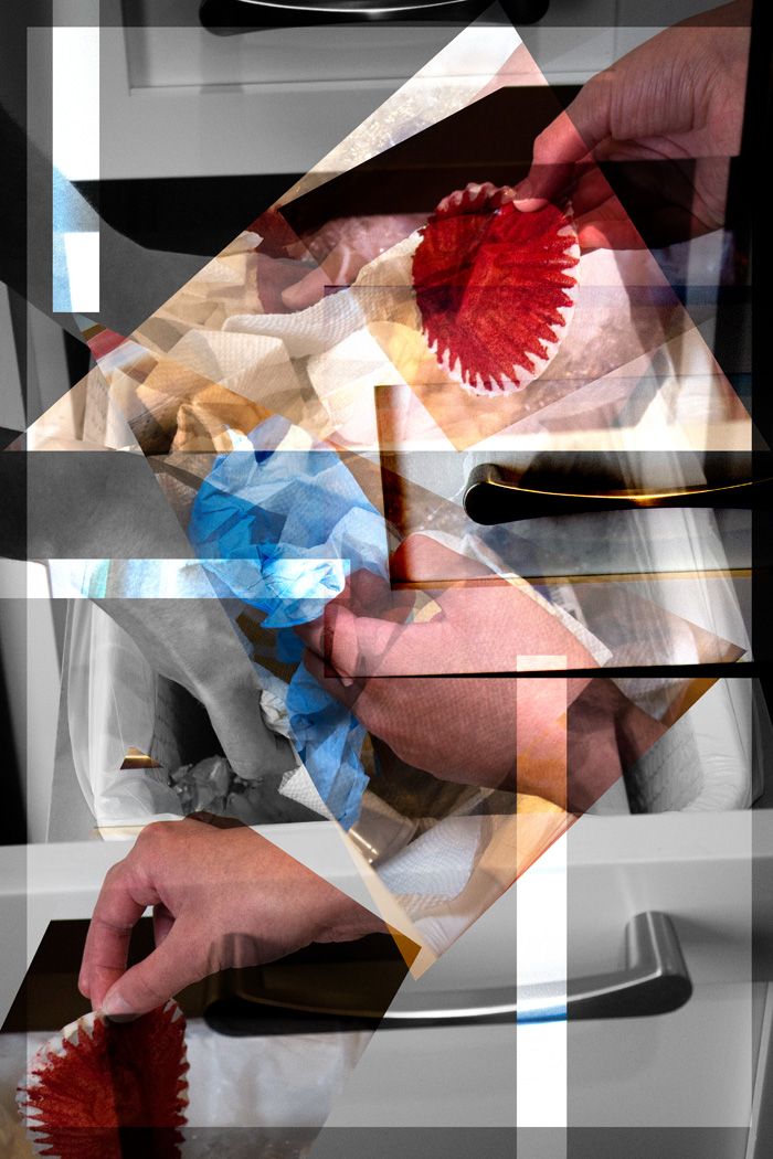 Abstract collage of red and blue shapes with geometric overlays in multiple exposures.