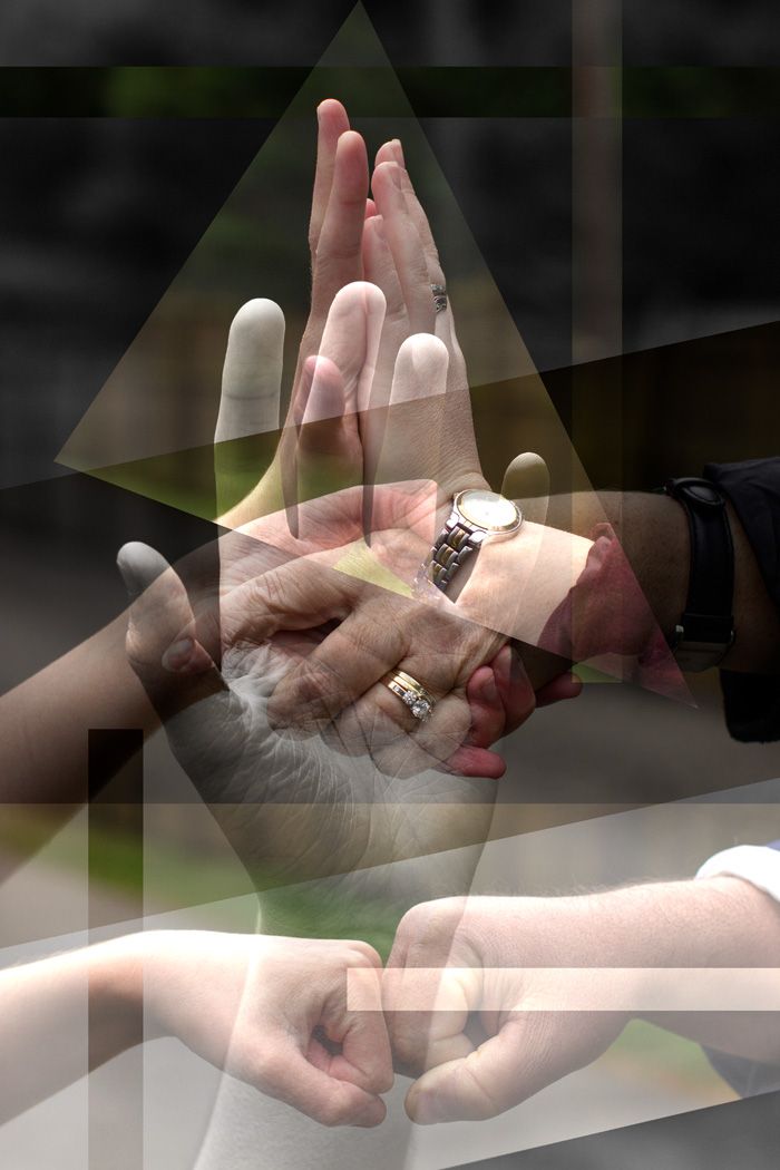 Multiple exposed hands reaching out with overlapping triangular shapes in muted tones.