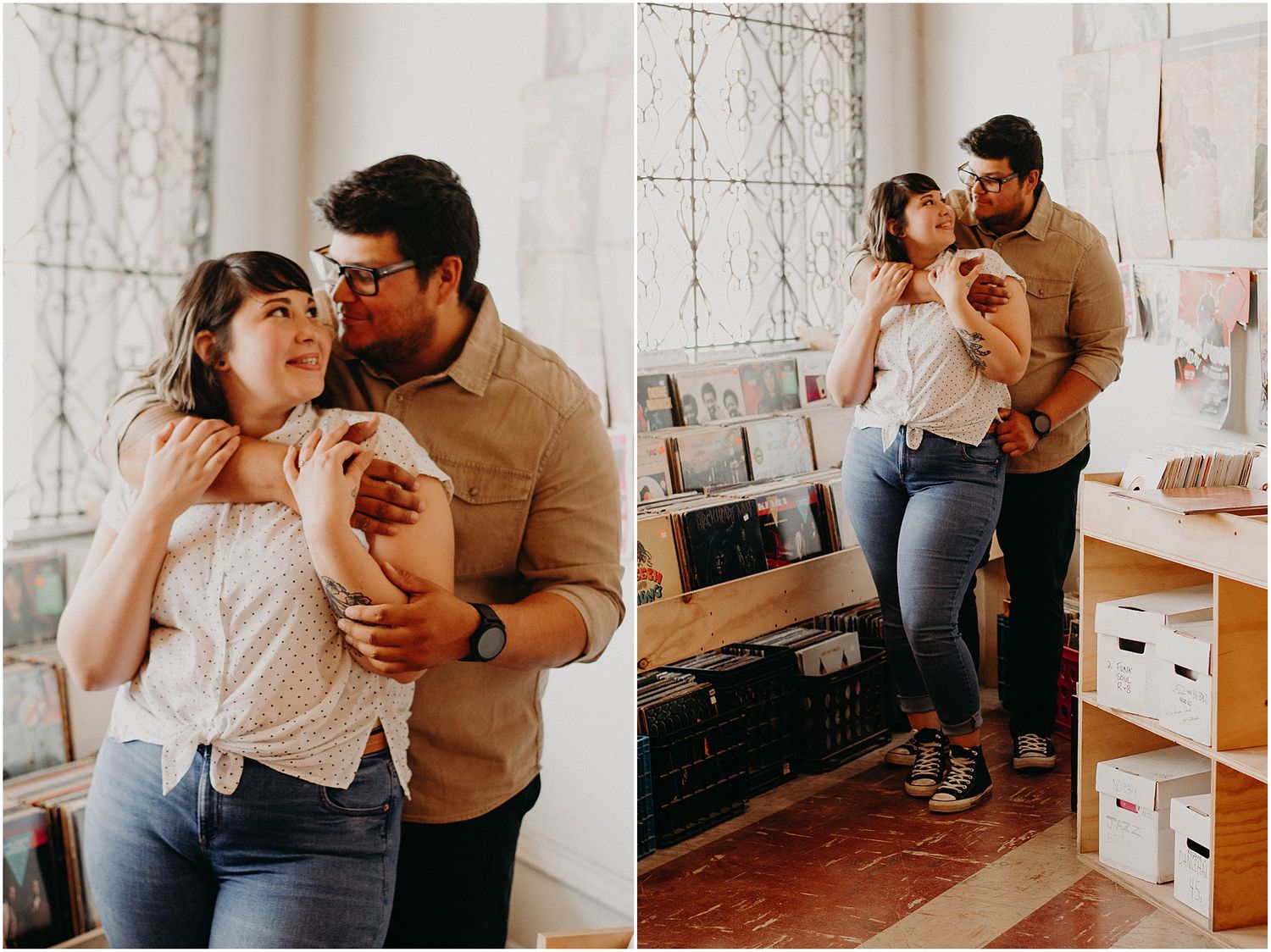 A romantic couple embraces while browsing records in a vintage music store.