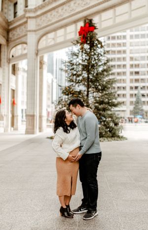 A festive winter scene with a decorated Christmas tree and classic Chicago architecture.