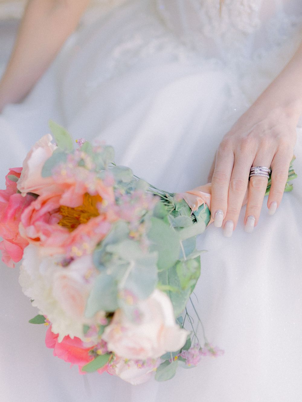 Destination wedding in Cyprus, Lefkara village. Bride's bouquet and ring details