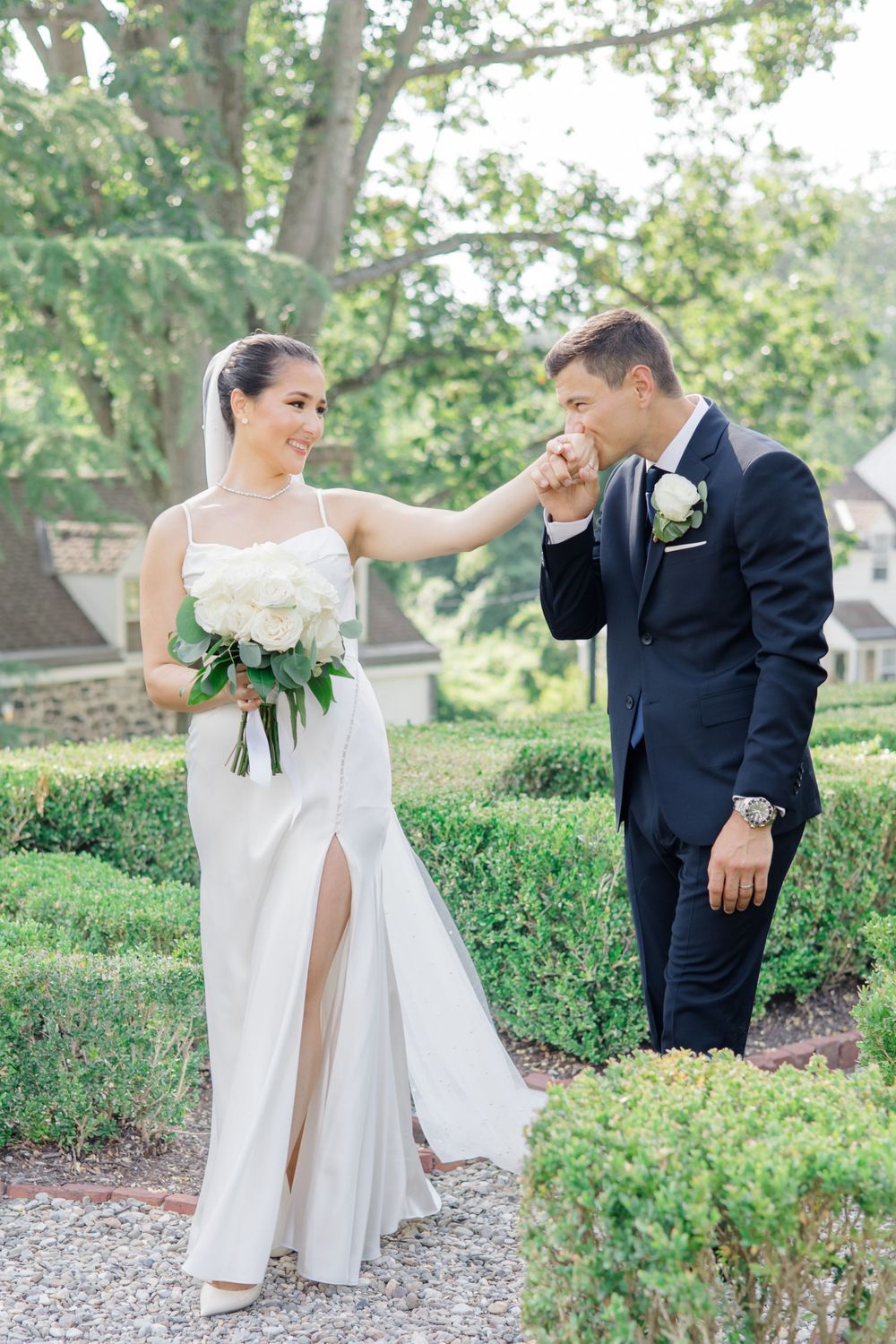 Husband and wife in lush green garden