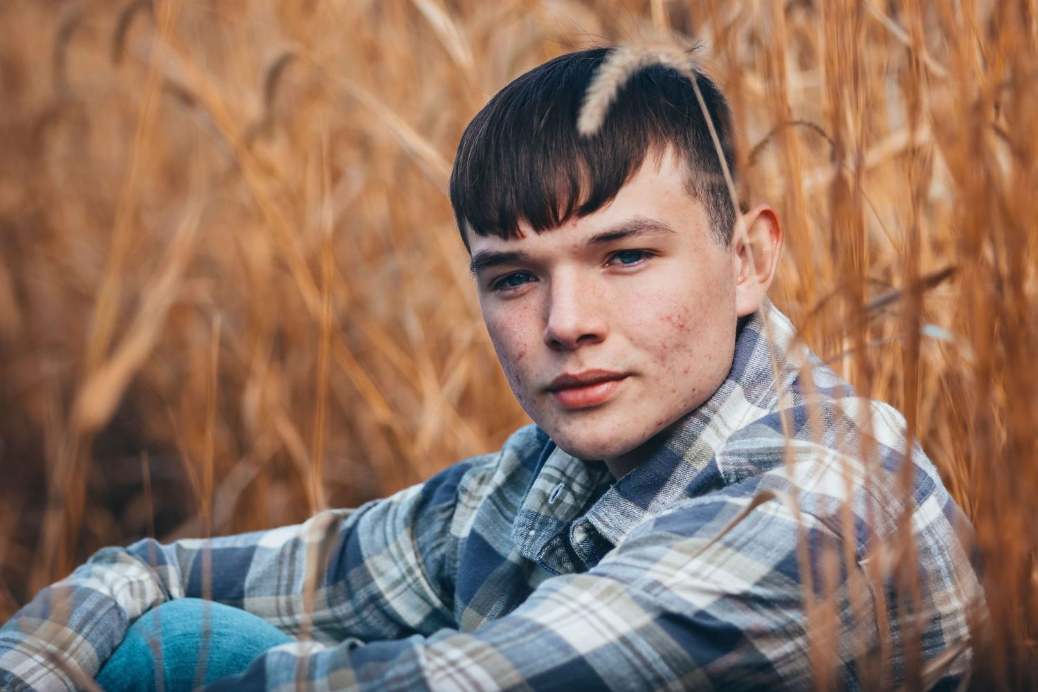 Portrait against golden wheat field background wearing plaid shirt.