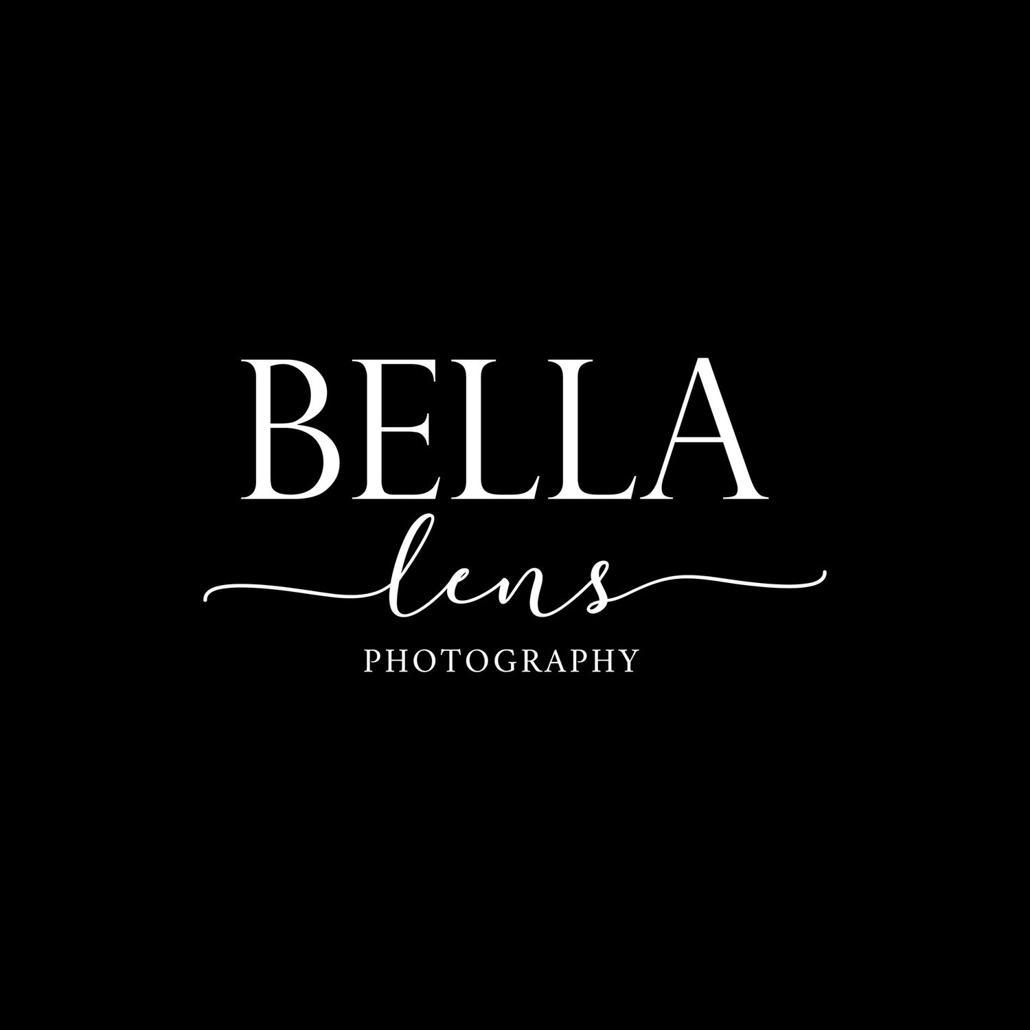Stylish photography brand logo with Bella text in white on black background.