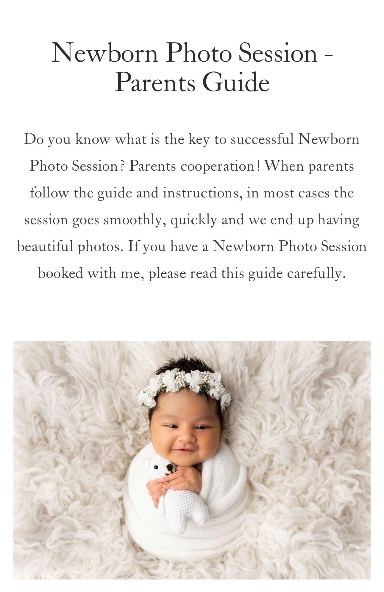 Newborn photography guide showing baby wrapped in white with floral headband on fur backdrop.