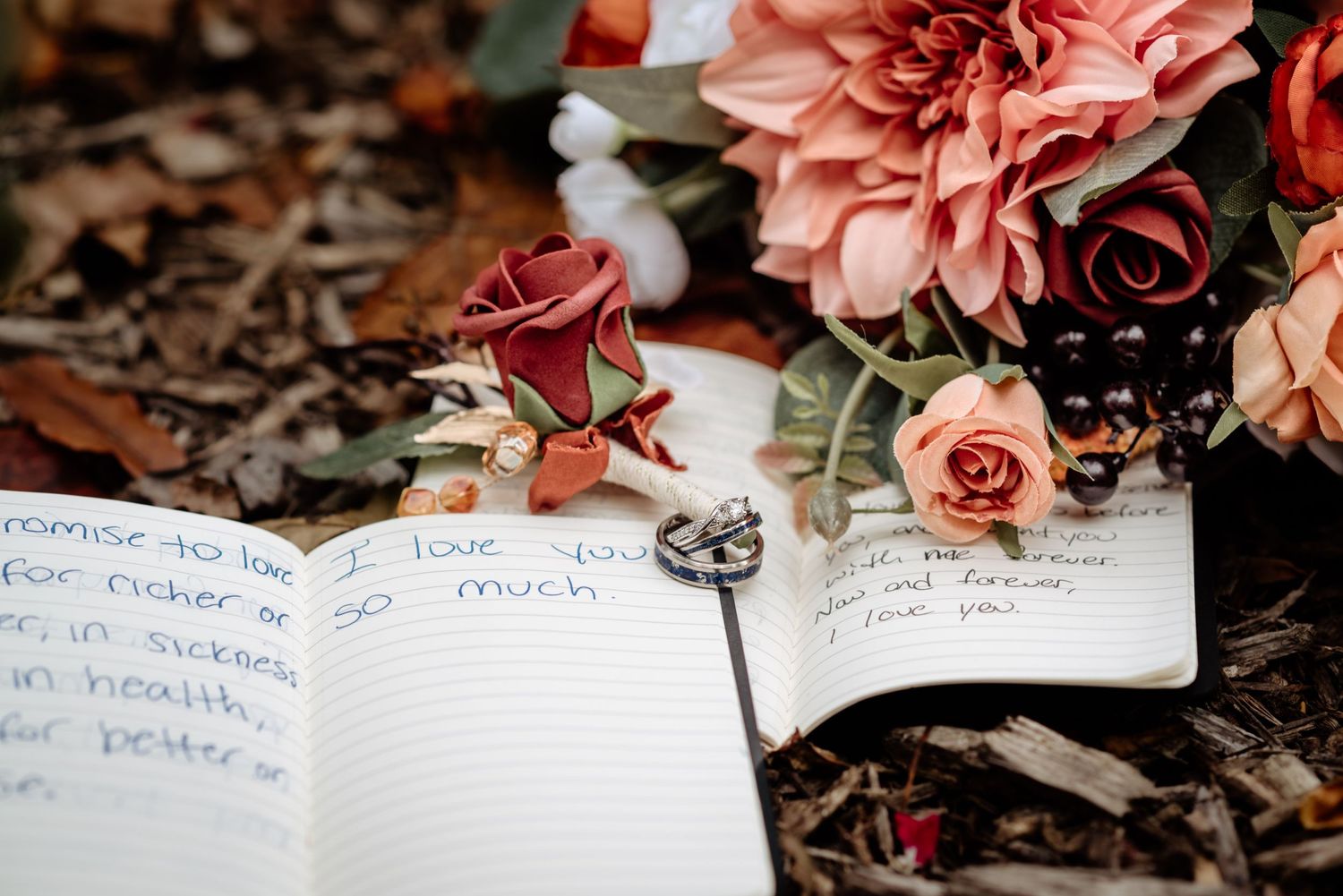 Wedding rings, bouquet, boutonniere, and vows
