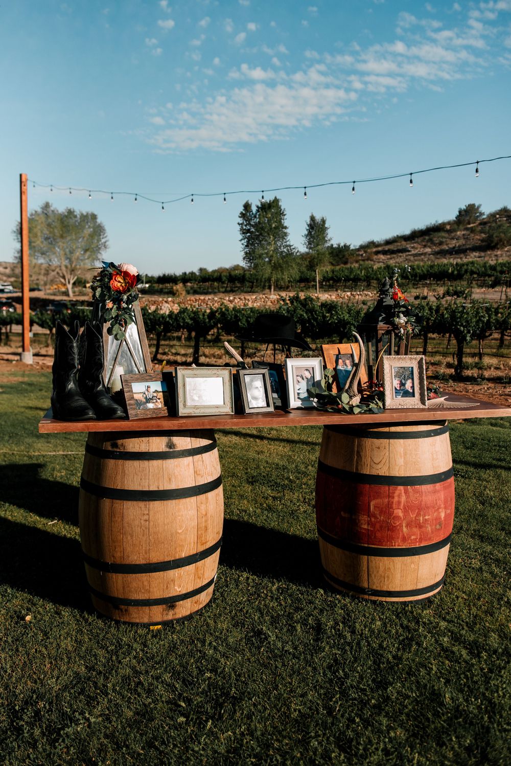 Wine barrels displayed on grass with framed photos and decorations at an outdoor event.