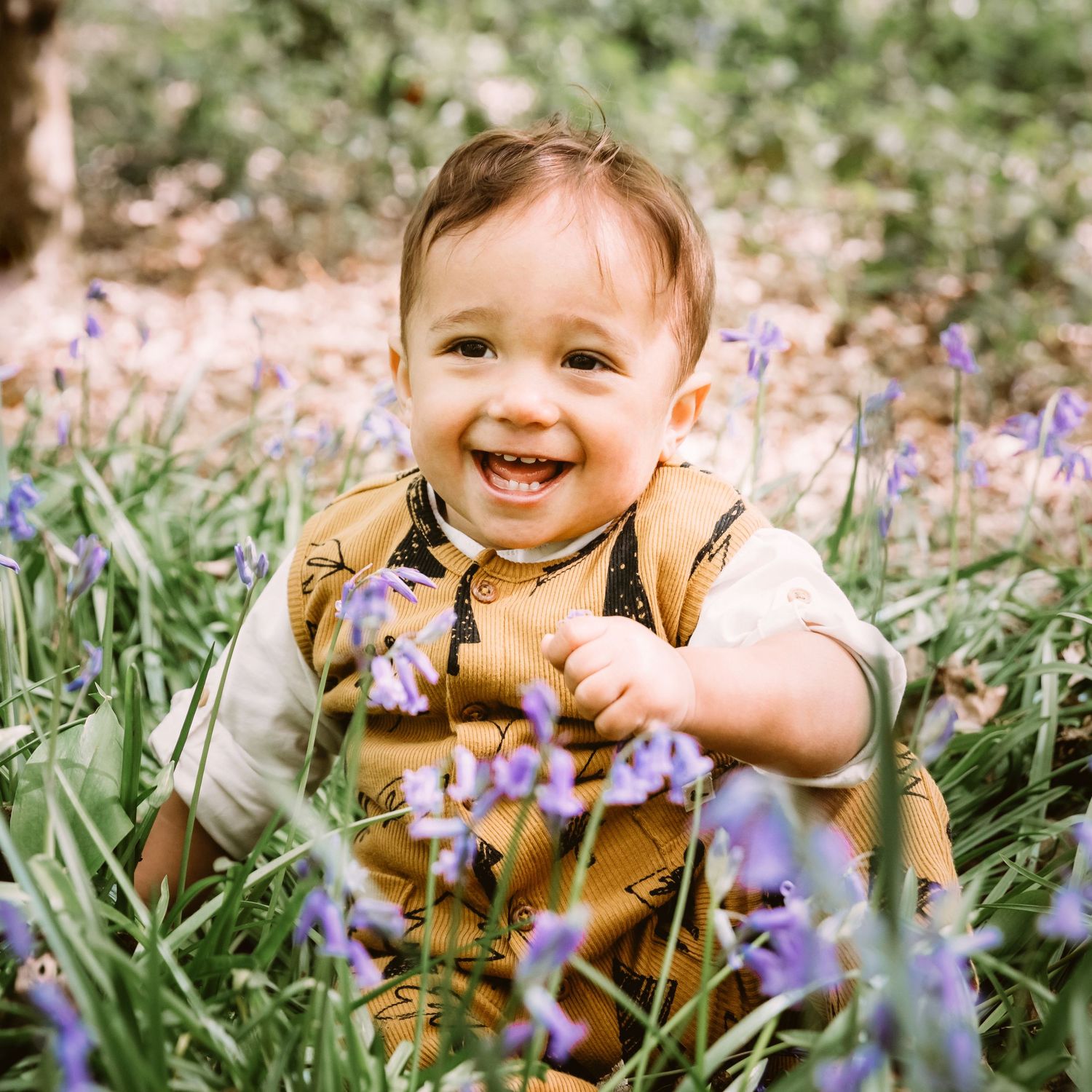 A smiling toddler in yellow overalls plays among bluebell wildflowers in a woodland setting, Highgate Woods, London.
