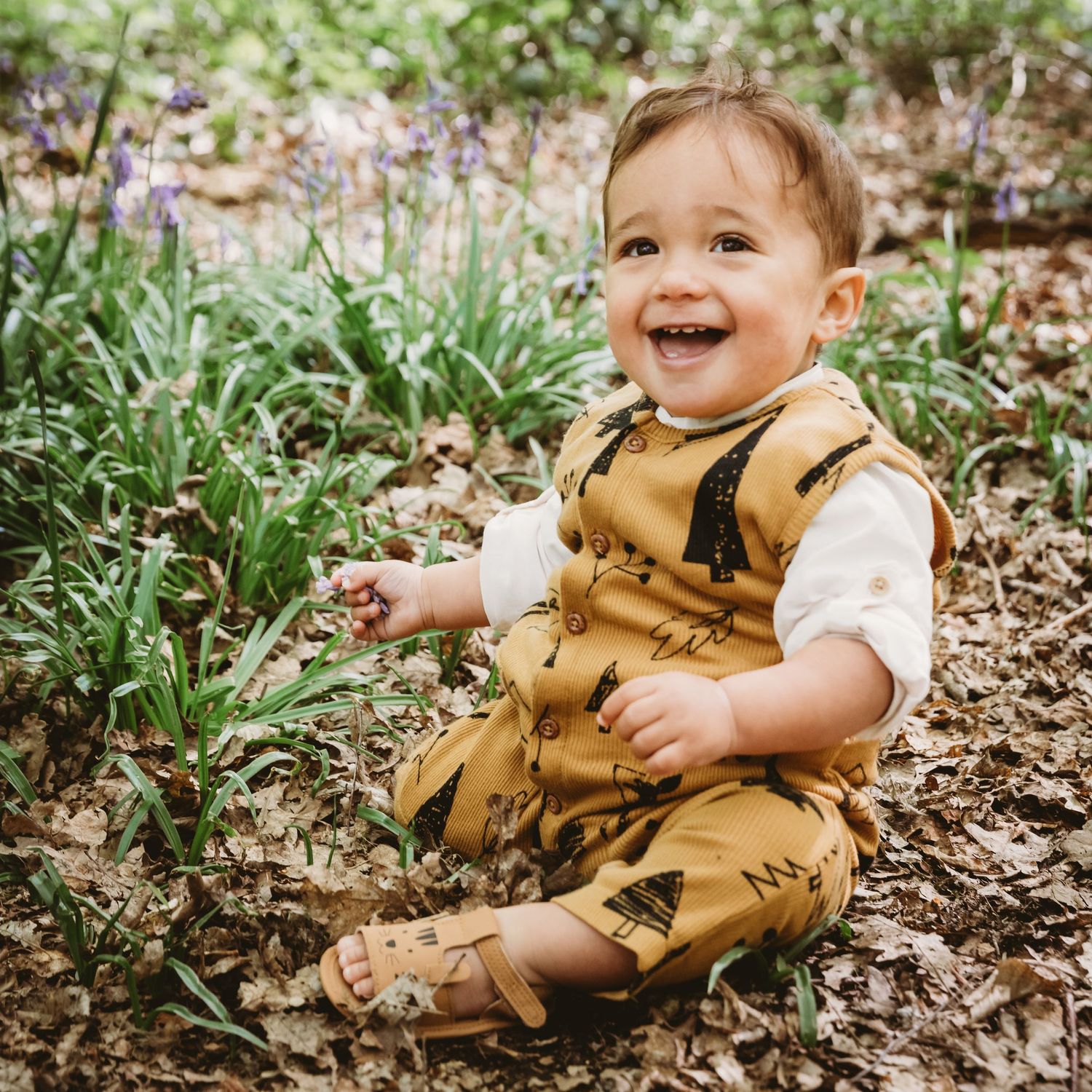 A toddler in mustard yellow overalls sits happily among spring flowers outdoors, Highgate Woods, London.