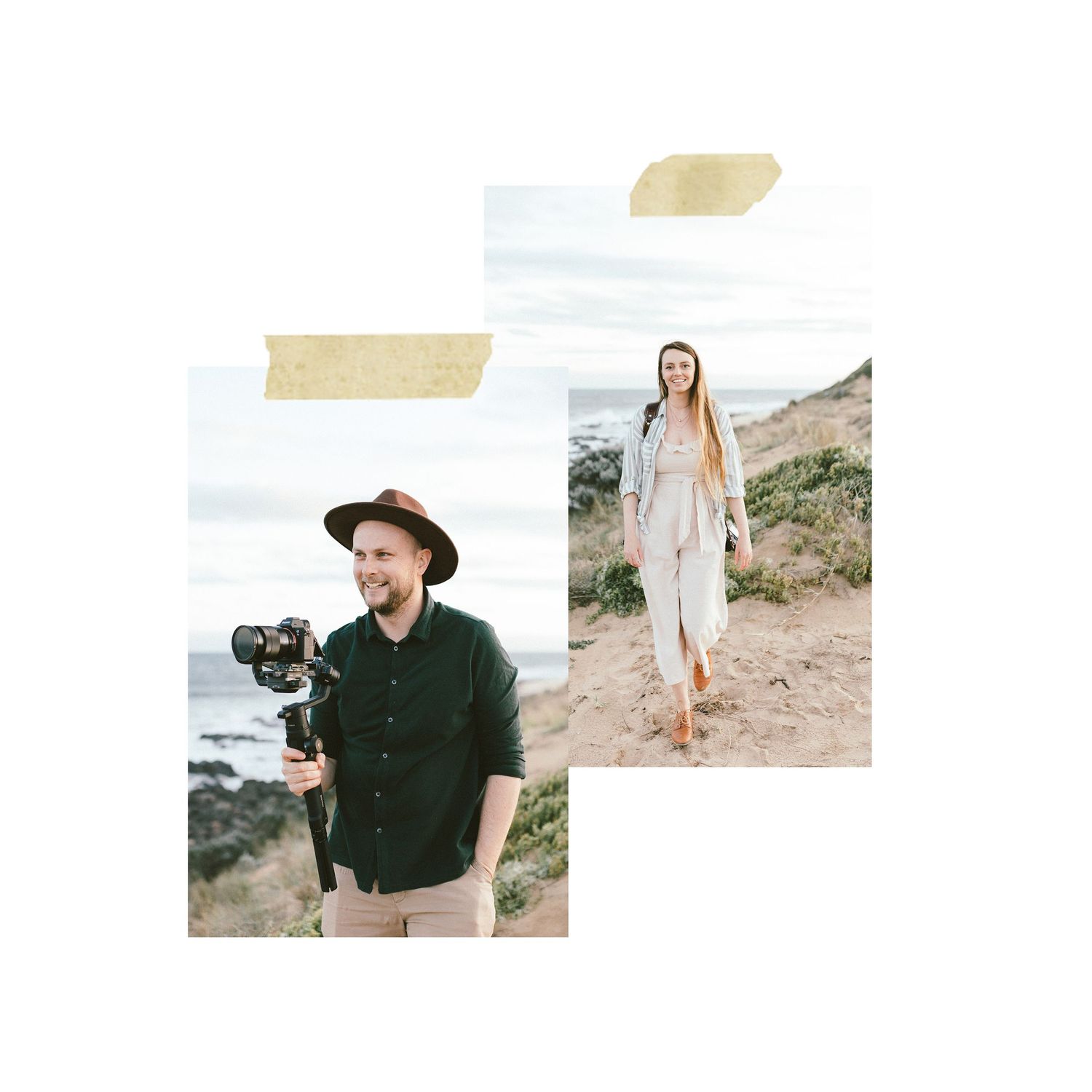 A photography setup showing behind-the-scenes shots of a coastal photoshoot.