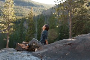 Person sitting on a rock overlooking a scenic mountain valley with pine trees.
