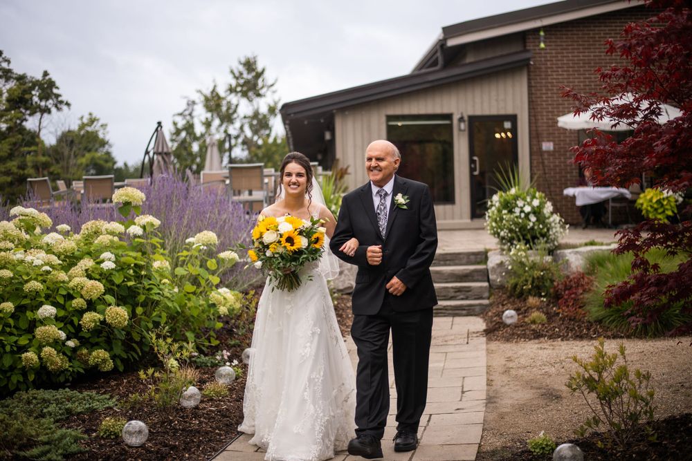 Bride and father of the bride processional outdoor wedding ceremony at Stratford Country Club