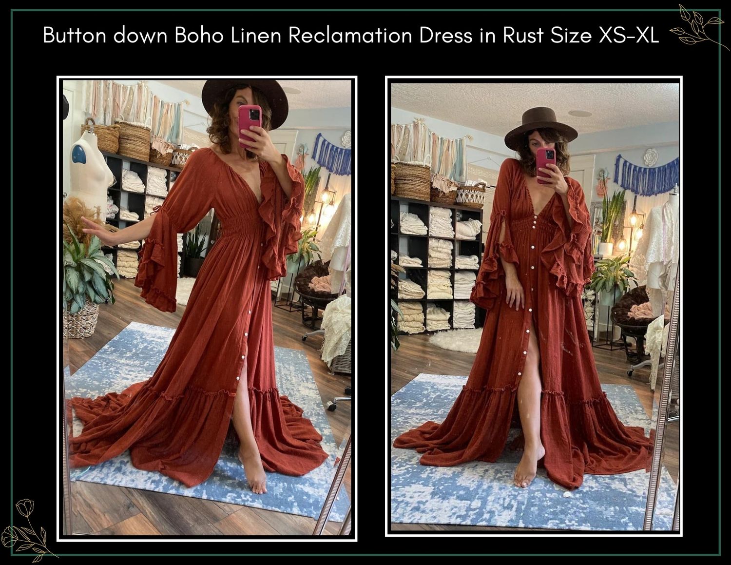 Boho linen button-down rust maxi dress shown in two poses, available in sizes XS-XL.