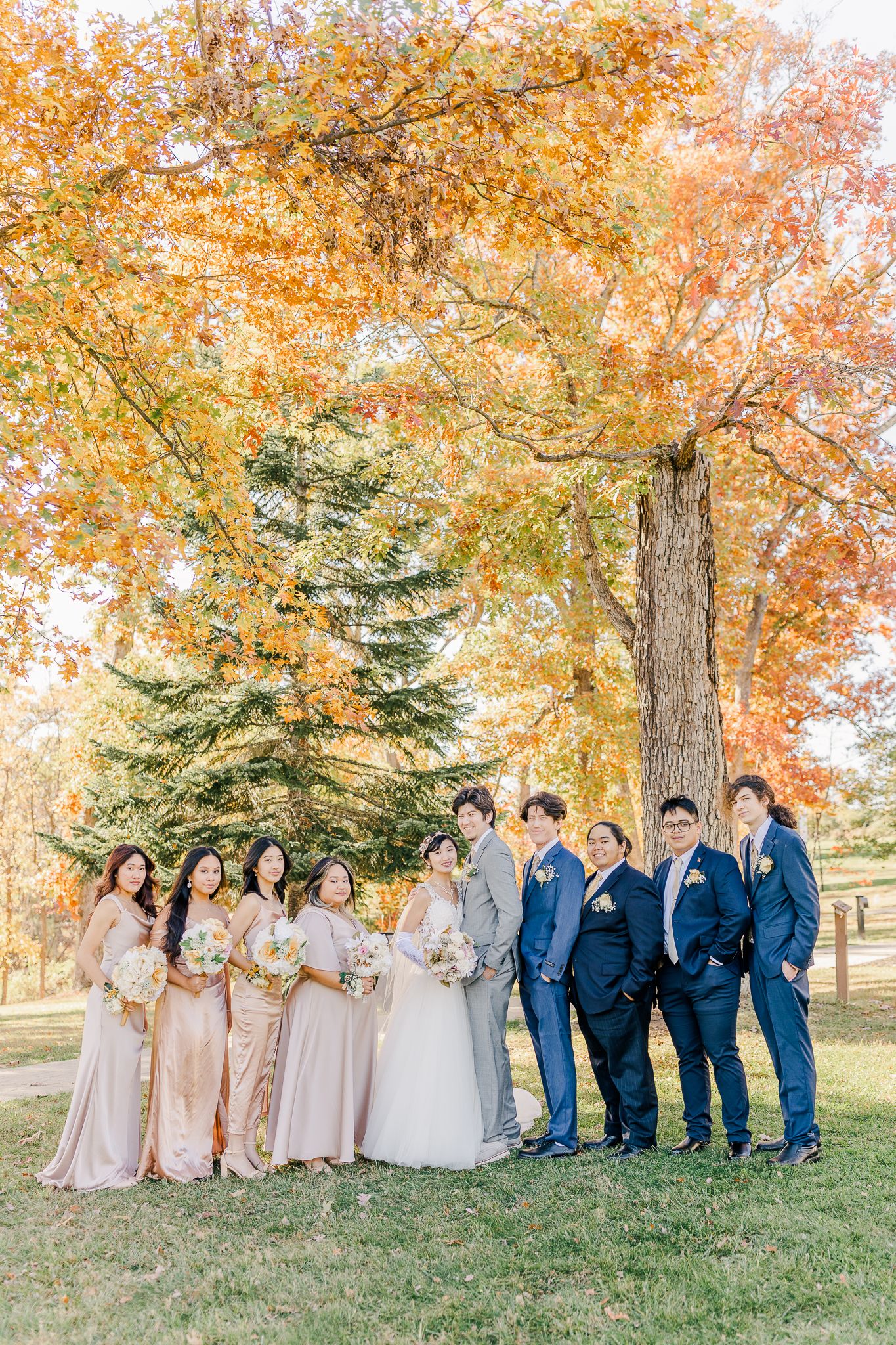 Wedding party in blue suits and blush dresses poses under vibrant fall foliage.