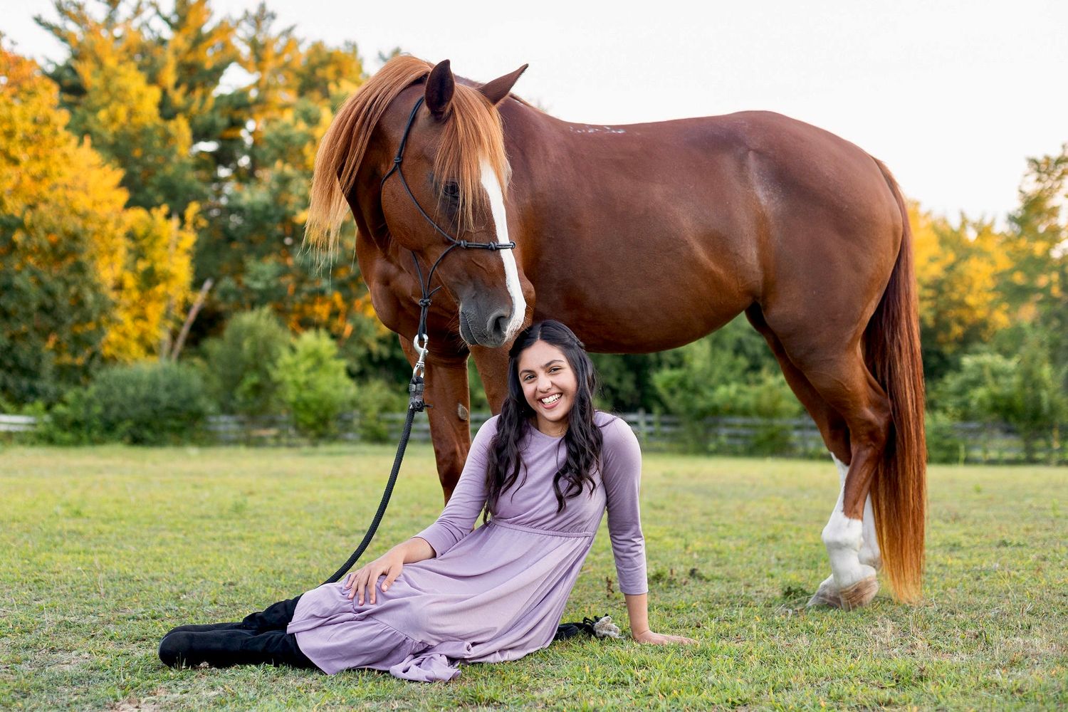Person in lavender dress reclines on grass next to brown horse in pastoral setting.