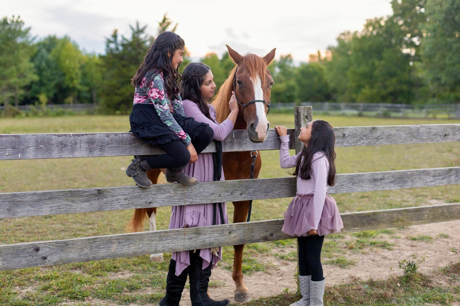 Family members sit on wooden fence while petting their horse in a pasture.