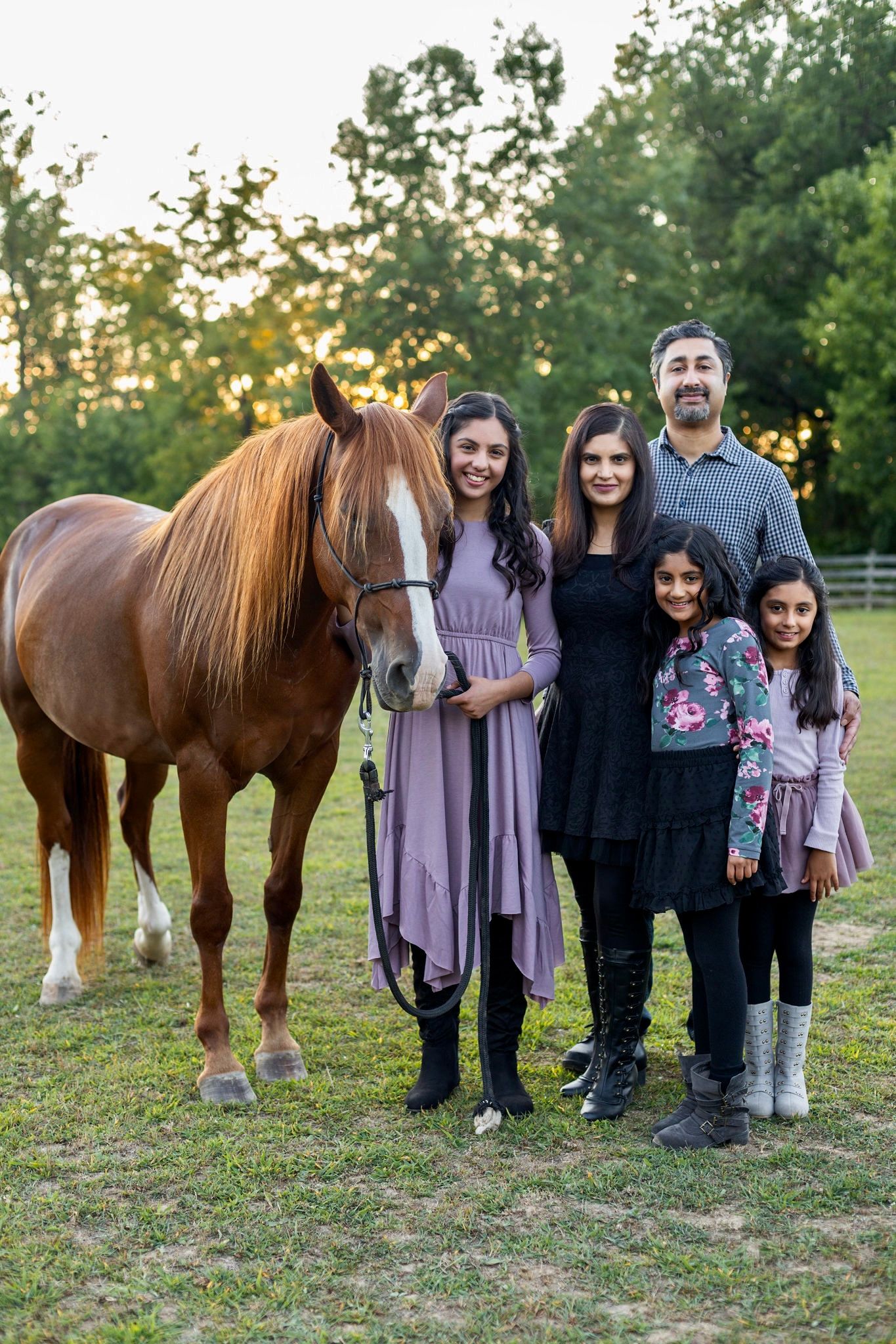Family standing with a majestic brown horse in a sunlit meadow during golden hour.