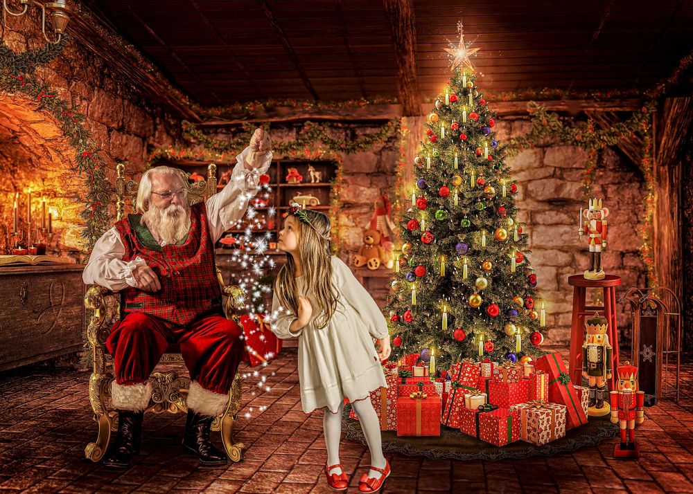 A magical Christmas scene with Santa Claus, decorated tree, and presents in a cozy rustic room.