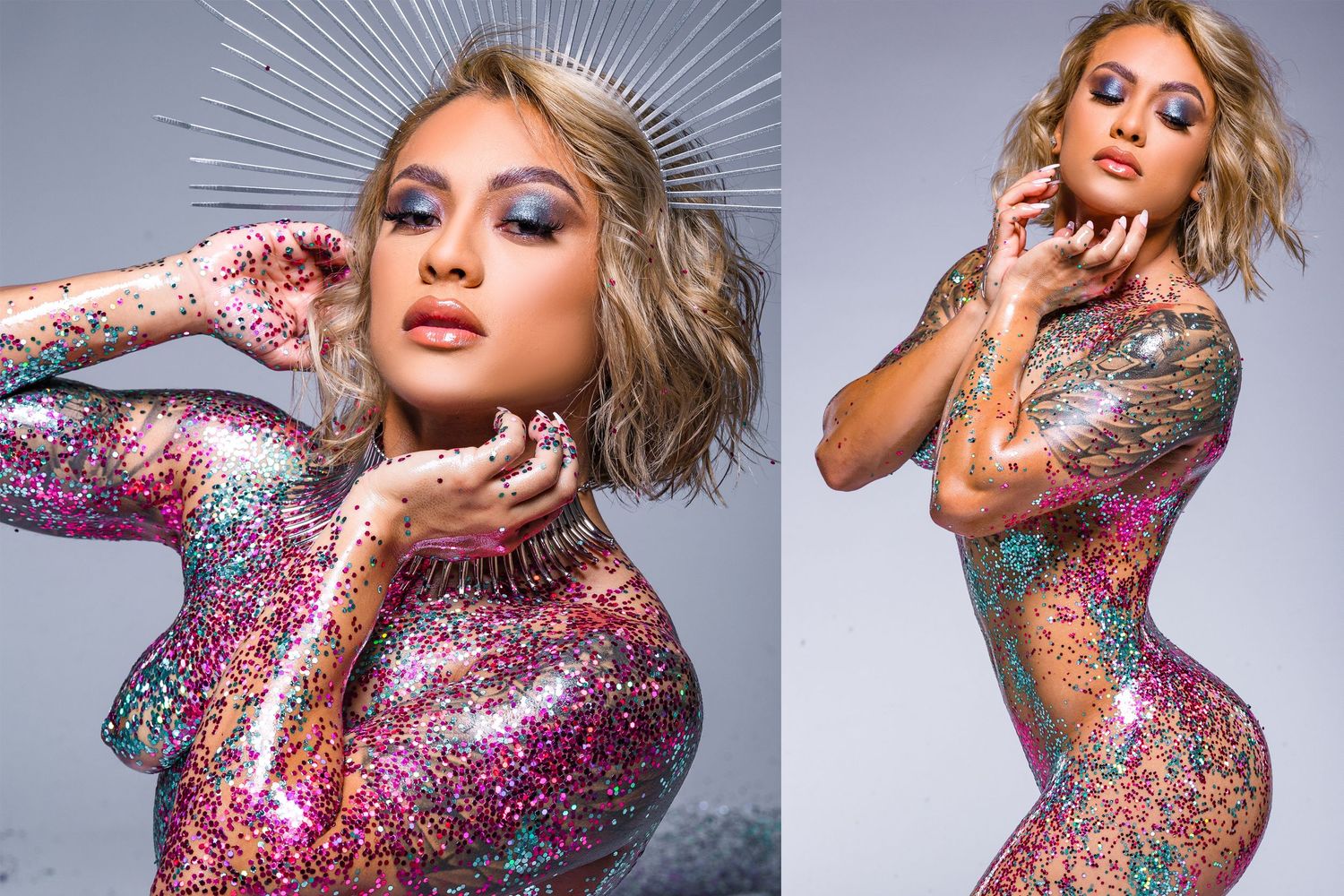Model wearing sparkly bodysuit with glitter makeup in artistic studio photos.