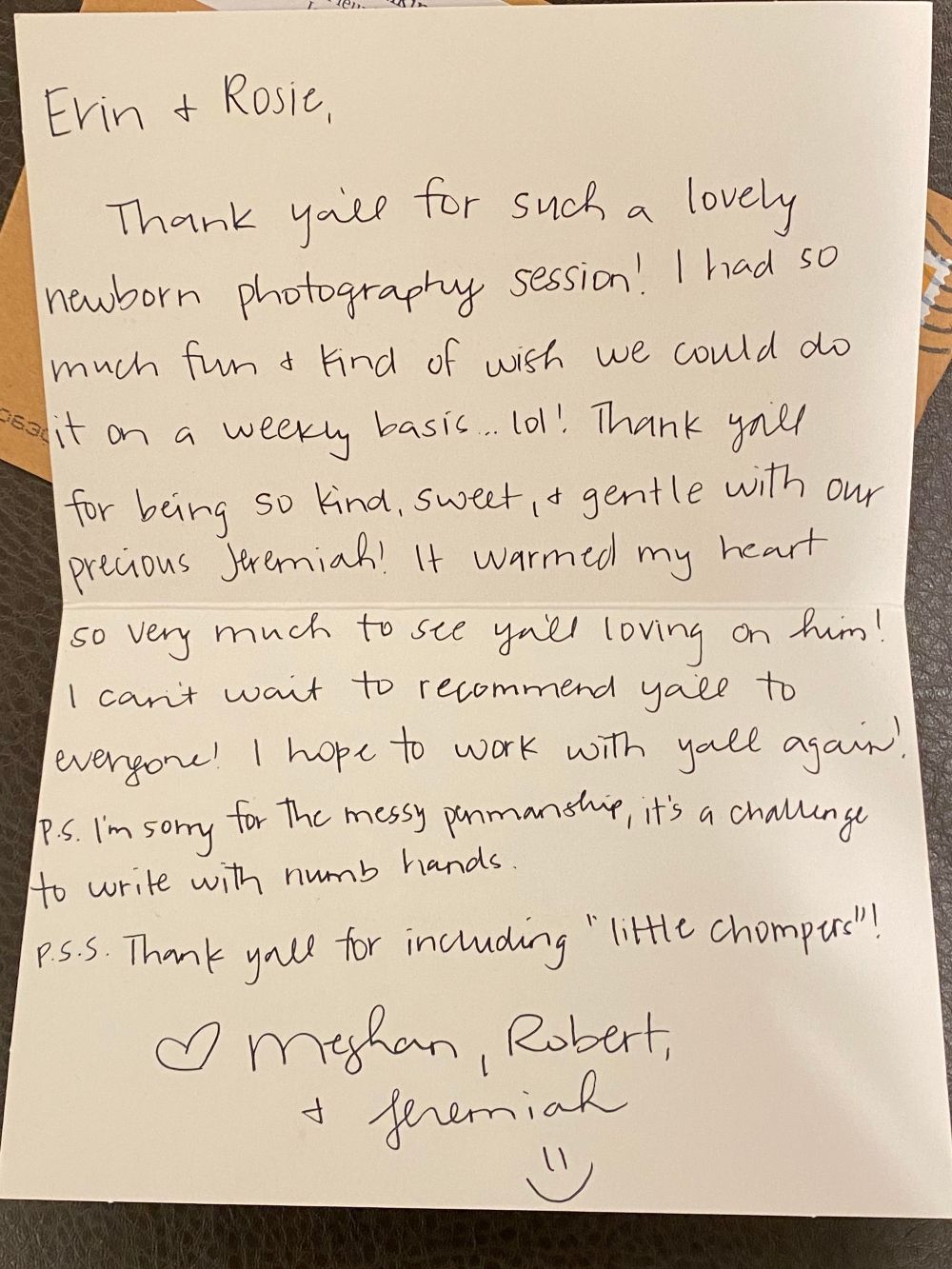 Handwritten thank you note expressing gratitude for a newborn photography session.