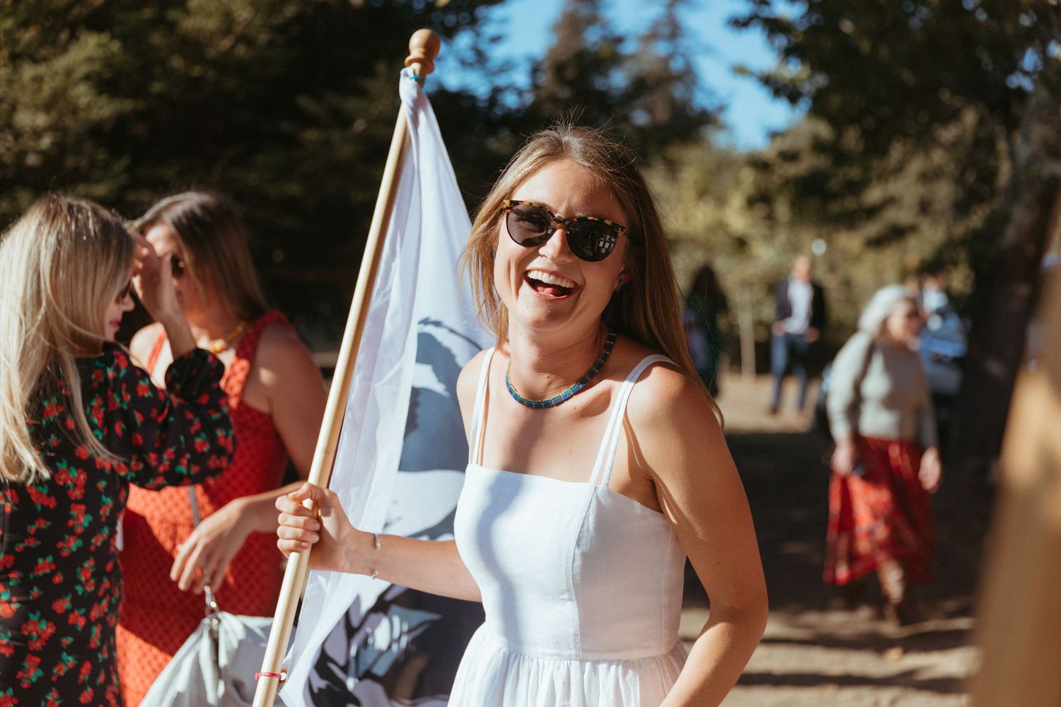 People celebrating at an outdoor summer event with flags and festive attire.