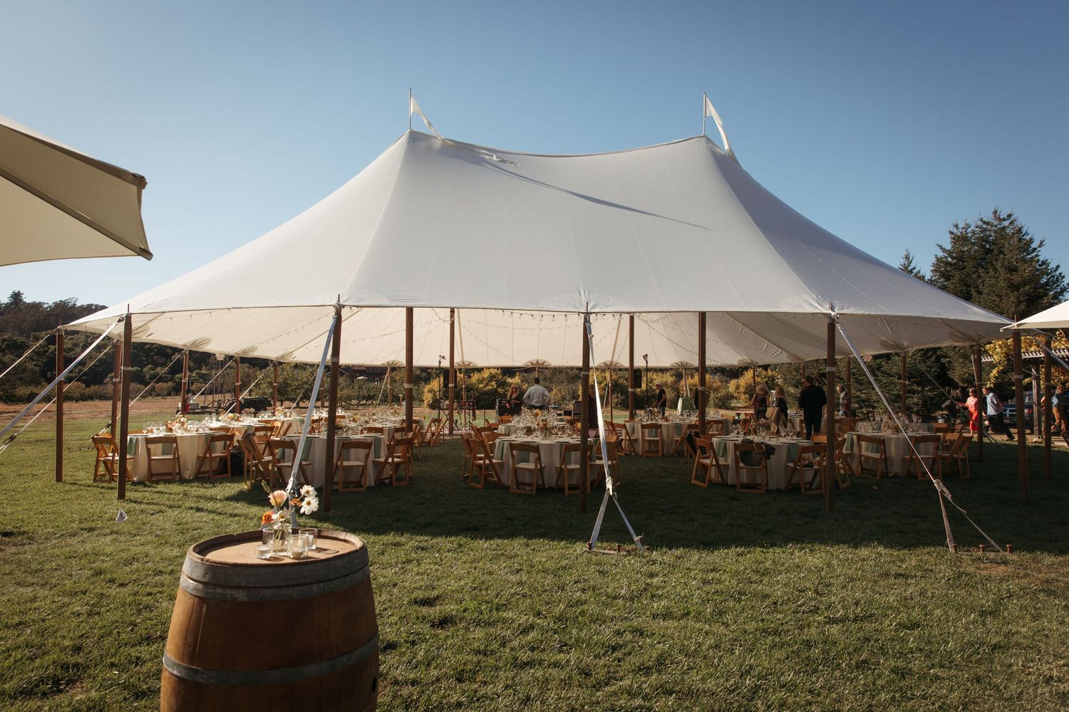 Large white wedding tent set up in a grassy field with wine barrel decor.