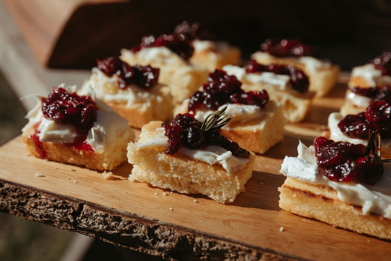 Elegant appetizers with brie and cranberry toppings served on wooden platter.